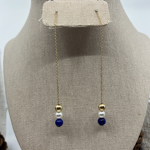 14K Gold Mexico Stamped Threader Earrings with Lapis Lazuli and Pearl Beads - Picture 3 of 11